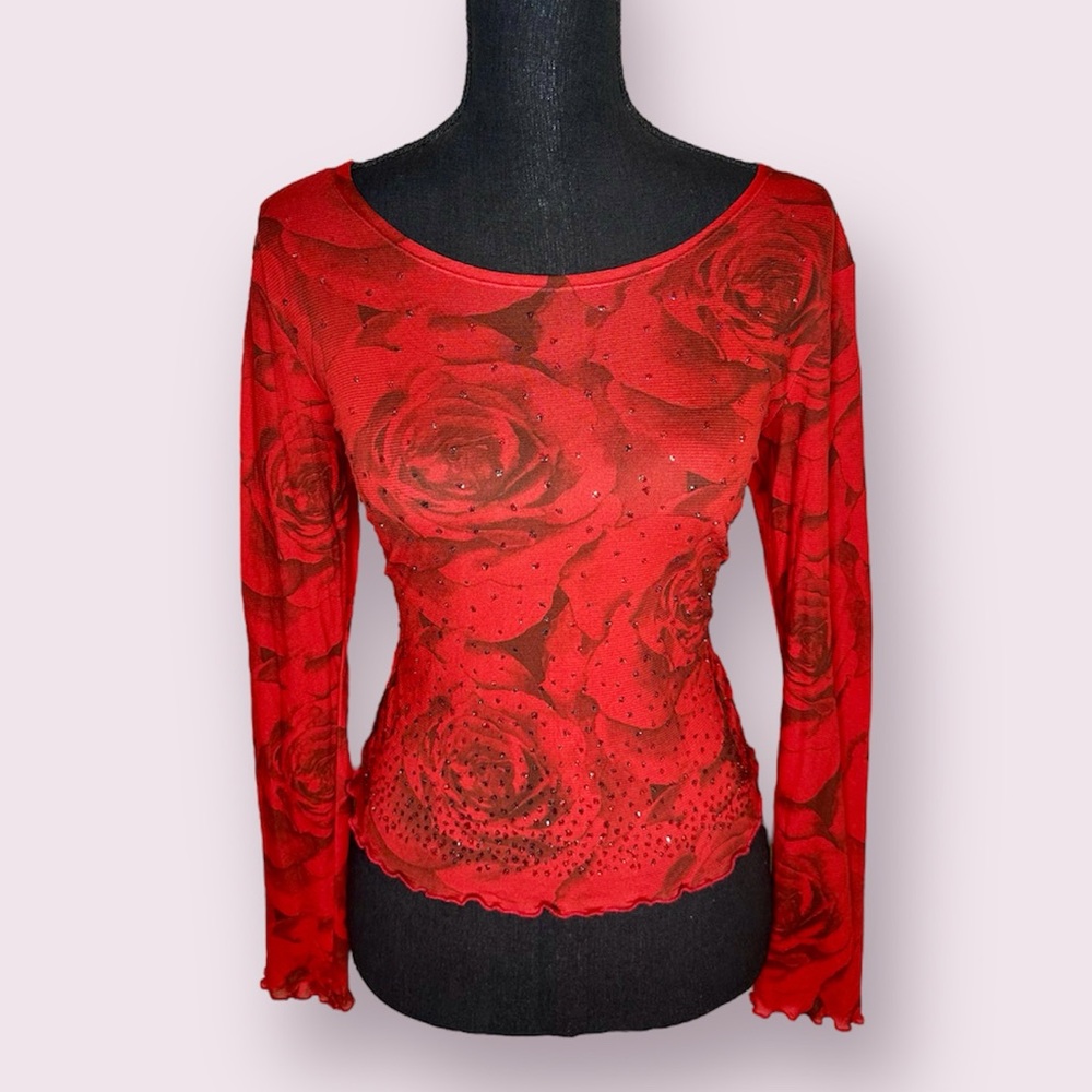 Y2K ANXIETY CAFE red mesh rose graphic long sleeve top